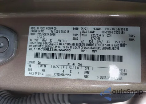 2021 Ford Escape Se Hybrid z USA, uszkodzony, nr VIN 1FMCU9BZ3MUA54565